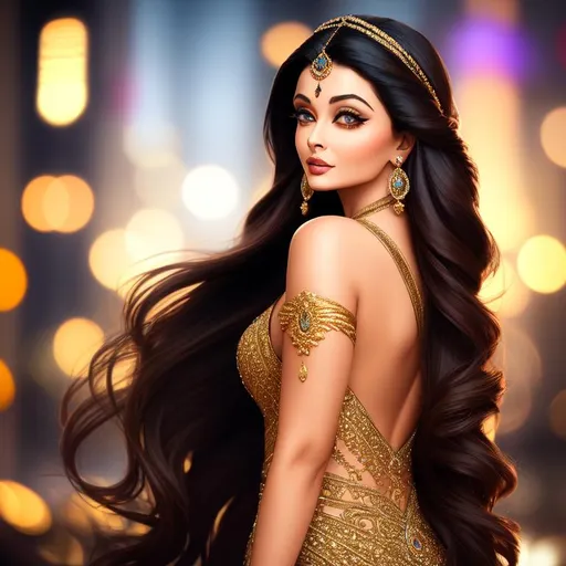 Prompt: 3/4 view of a woman who looks like Aishwarya Rai,back view, intricate long flowing hair, wearing an elegant dress, Native decoration in her hair, dark contrast, 3D lighting, soft light, nighttime in the city background, stars, sparkles, bokeh