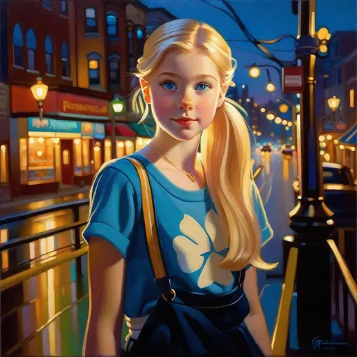 Prompt: 15 years old Irish American girl, pale skin, blonde hair, blue eyes, ponytails, Pittsburgh at night, cartoony style, extremely detailed painting by Greg Rutkowski by Steve Henderson 