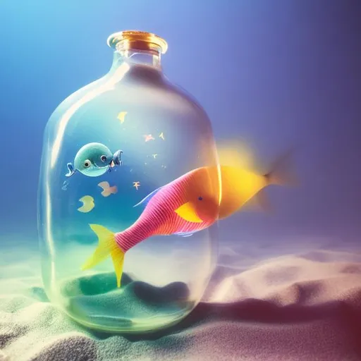 Prompt: photo of a fish in a bottle flying smooth, solid color, pastel, in space, telephoto, chalk painting