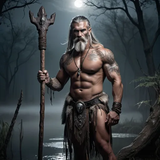 Prompt: (Barbarian Shaman), (muscled, tattoos), (long grey hair and beard), fur and leather robes, mystical pose, magical staff, set against a (misty swamp landscape) under (moonlight), enveloped in (deep shadows), (photorealistic), dramatic contrast lighting creating an (atmospheric) and (mystical ambiance), featuring (cool tones) that enhance the mood, ultra-detailed, 4K resolution capturing intricate details that bring the scene to life.