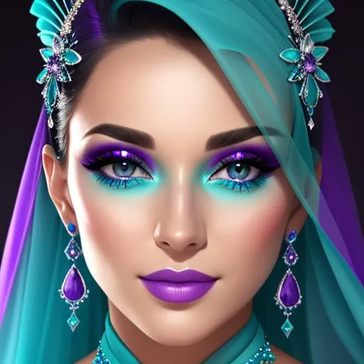 Prompt: Beautiful ethereal beauty,  color scheme of  aqua and purple, facial closeup