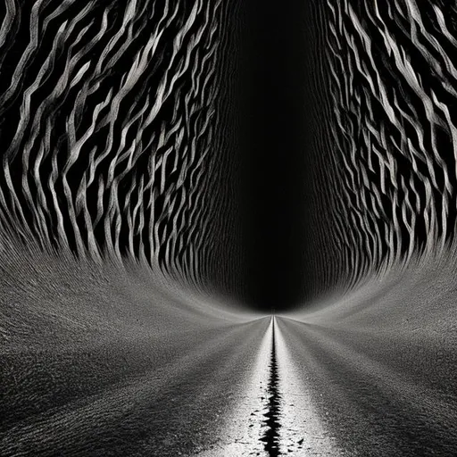 Prompt: This black road, we choose to 
Follow despite our best beliefs. Oblivion!. Redemption! in an abstract style