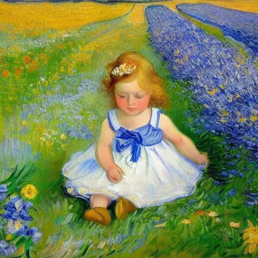 Prompt: Beautiful Romanian. Van gough style spring meadow flowers including blonde blue eyed Baby girl. Fine art. Welsh painting 
