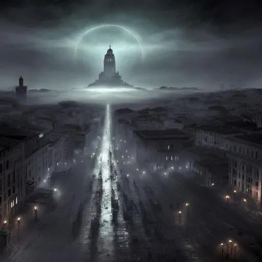Prompt: it's Rome but in a Lovecraft story. Seen by the sky.
Black Myst envelope the city and the light project the shadow of undefinied creatures on the fog.
Evil is in town.
Look like a Lee Bermejo style and colored by Marvel artist but it is a movie