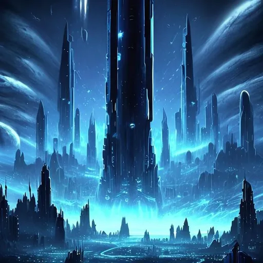 Prompt: Futuristic Tall black towers on deep dark ocean dark sky spaceships night lights hover ships dark tall city lots and lots of small floating ships hovering above clouds big planet with rings closeby spaceships hovering