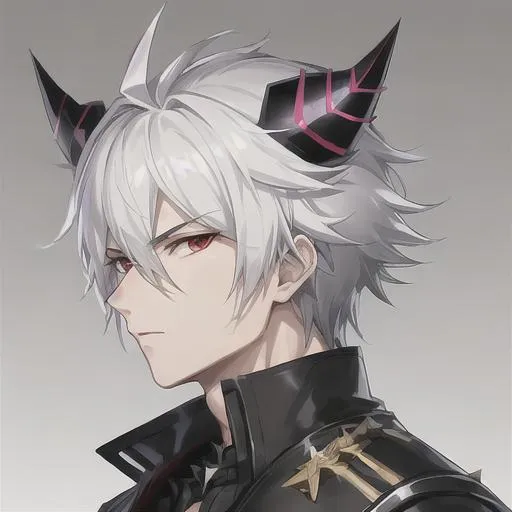 Prompt: Male Character, Spiky White Hair, Black Horns, Concept Art, 