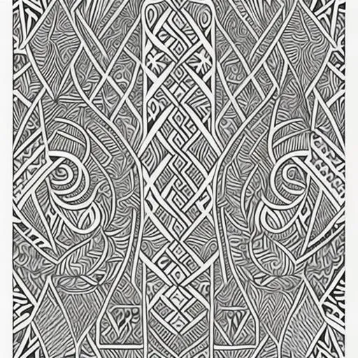 Prompt: a black and white coloring page of Māori tribal pattern with intricate scrollwork with curves and pointy lineart