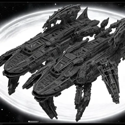 Prompt: Biomechanical Starship armada, dark, black and white, Manga, space