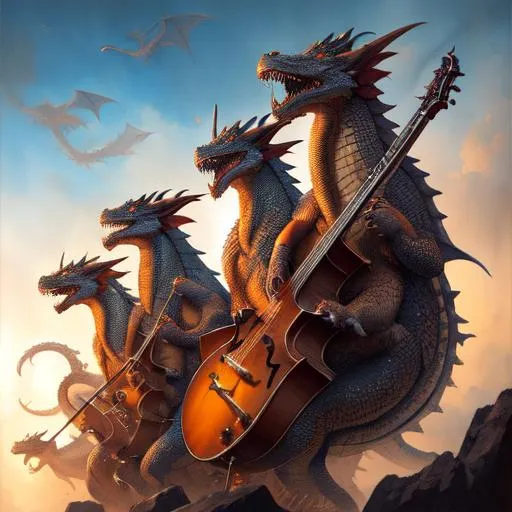 Prompt: A group of dragons playing music in a band, cute face, perfect composition, hyperrealistic, super detailed, 8k, high quality, trending art, trending on artstation, sharp focus, studio photo, intricate details, highly detailed, by greg rutkowski, illustration, watercolor