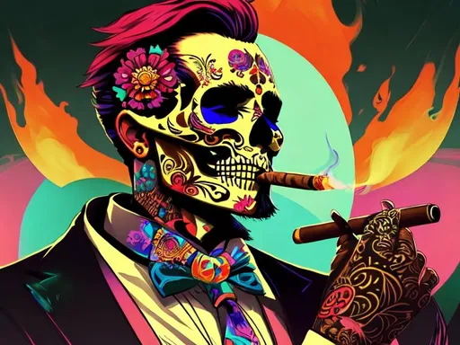 Prompt: a man in a tuxedo smoking a cigar, calavera, artwork in the style of guweiz, bright psychedelic color, an ai generated image, portrait of the god of death, colorful bandana, dark tattoo, hydropunk, extremely detailed man, dramatic artwork, young spanish man