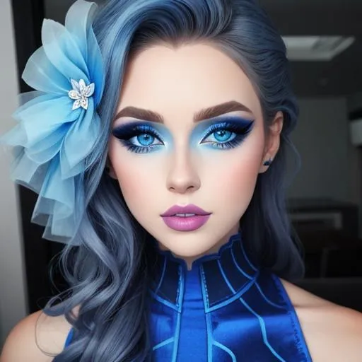 Prompt: A woman all in blue, blue eyes, pretty makeup