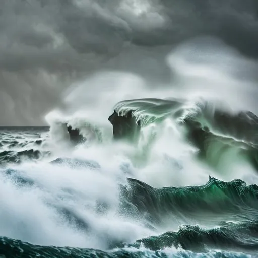 Prompt: raging stormy sea protecting a white and green and gold island .