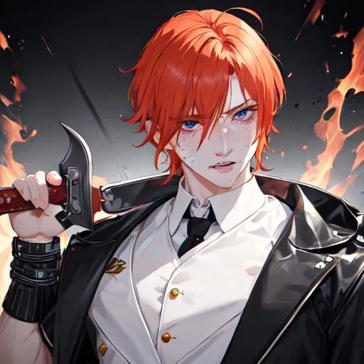 Prompt: Erikku male (short ginger hair, freckles, right eye blue left eye purple) UHD, 8K, Highly detailed, insane detail, best quality, high quality. As the godfather, mafia, crime lord, sadistic look on his face, full body, holding a chainsaw