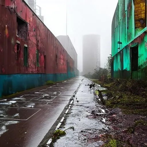 Prompt: dark disturbing colors, its a rainy day, dark city, future, abandoned, ruins, megalophobic creatures roamings around looking for humans to feast on, disturbing disoriented mess, no looking forward to a better future, the end