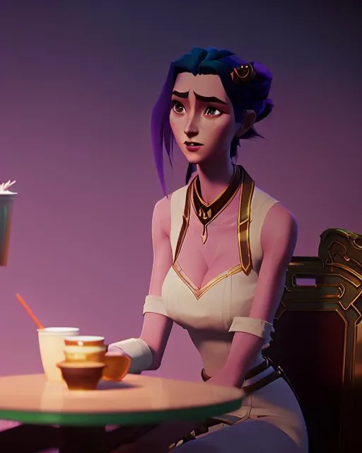 Prompt: Cute Pixar style painting of a beautiful woman, pale,  sitting at a cafe, ancient Chinese clothes, apocalypse, coffee, latte, dirty, trash, popped color pallette, vaporwave