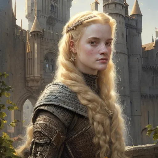 Prompt: Portrait of {Medieval woman} with {blonde} hair and with cute face, {castle}, perfect composition, hyperrealistic, super detailed, 8k, high quality, trending art, trending on artstation, sharp focus, studio photo, intricate details, highly detailed, by greg rutkowski