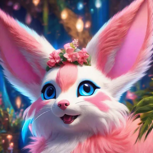Prompt: (Sylveon), realistic, photograph, fantasy, epic oil painting, (hyper real), furry, (hyper detailed), extremely beautiful, on back, playful, UHD, studio lighting, best quality, professional, ray tracing, 8k eyes, 8k, highly detailed, highly detailed fur, hyper realistic thick fur, canine quadruped, (high quality fur), fluffy, fuzzy, full body shot, hyper detailed eyes, perfect composition, ray tracing, vector art, masterpiece, trending, instagram, artstation, deviantart, best art, best photograph, unreal engine, high octane, cute, adorable smile, lying on back, flipped on back, lazy, peaceful, highly detailed background, vivid, vibrant, intricate facial detail, incredibly sharp detailed eyes, incredibly realistic scarlet fur, concept art, anne stokes, yuino chiri, character reveal, extremely detailed fur, sapphire sky, complementary colors, golden ratio, rich shading, vivid colors, high saturation colors, silver light beams