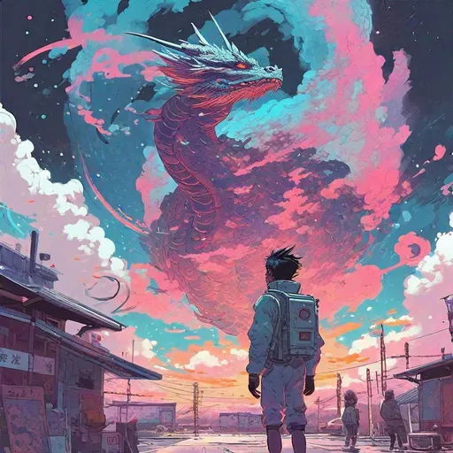 Prompt: style of Takehiko Inoue, Simon Stalenhag,Laurie Greasley, A Galactic dragon sorounded by swirling nebula clouds, dystopian, ultrarealistic, highly detailed, trending on artstation, hdr, 4k, 8k, absurdres, cosmic, dystopian