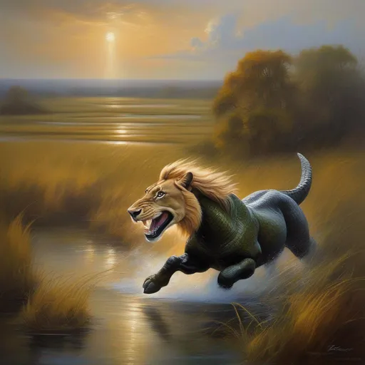 Prompt: fantasy art, oil painting, An Alligator-Lion-Horse Hybrid, galloping through a mire, Lion's Tail, Alligator Skin