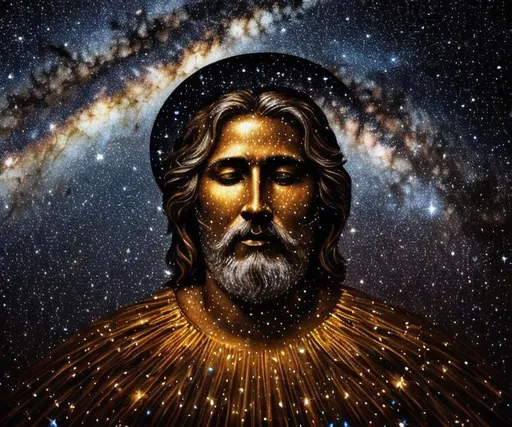 Prompt: The majestic face of god against a black background filled with shimmering stars and galaxies. wise, powerful.