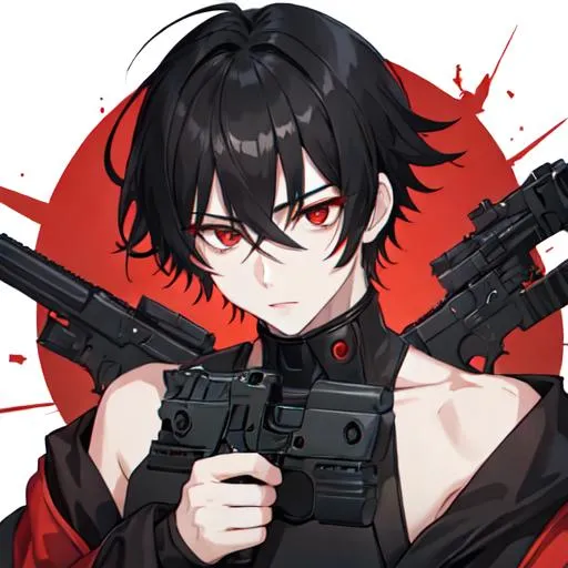 Prompt: 1male (pale) (black hair that just goes past his shoulders) (red eyes) he's holding a gun, nuclear fallout