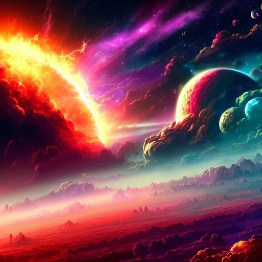 Prompt: Design an HD wallpaper (1760x990) that showcases a breathtaking celestial explosion. Let the explosion burst with vibrant hues of blue, purple, orange, green, and pink, illuminating the darkness of space. Incorporate a distant planet in the composition, creating a sense of cosmic wonder and awe.
