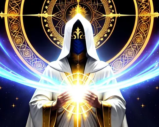 Prompt: Ethereal. Godlike. Half-body image of a floating celestial being of light wearing a hood that covers his face with shadow and darkness, he wears heavenly white floating robes with golden laces and a shining golden halo over his head. He holds in his hand a rapier made of light that shines very brightly.