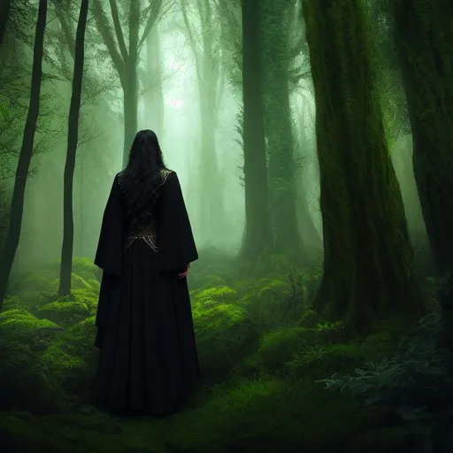 Prompt: back view of male sorcerer in the woods speaking to a goddess, spring, forested area, amulets, dark clothing, black jacket, long flowing hair, witchcraft, realistic eyes, apostate, vivid colors, masterpiece, art by HR Giger, dark contrast, 3D lighting
