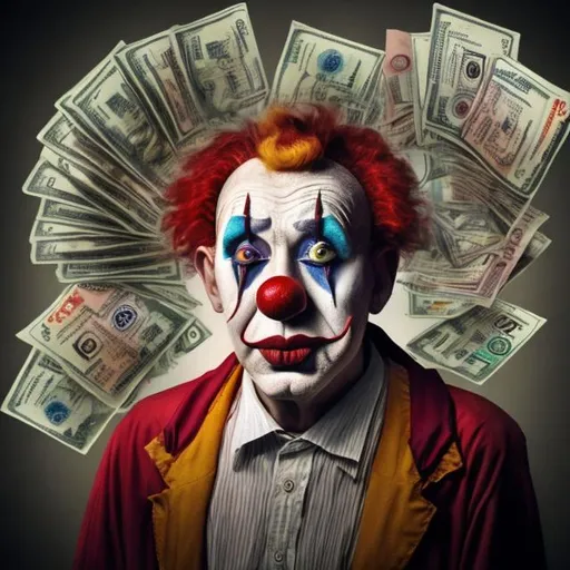 Prompt: a sickly old clown that is surrounded by the corona virus and 100 dollar bills floating in the air