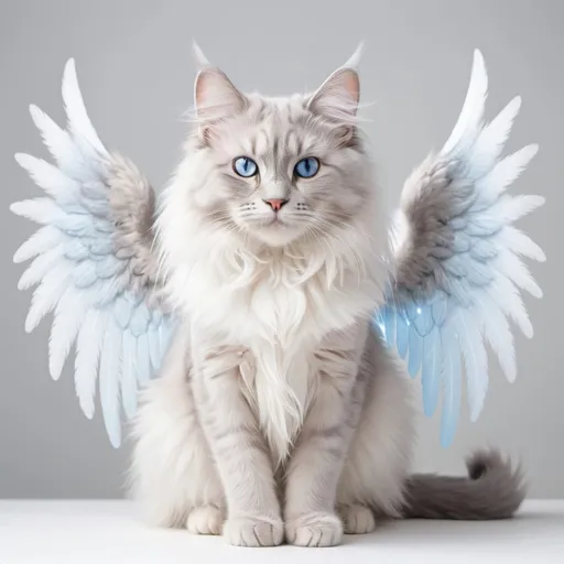 Prompt: a sweet pale gray female long hair fluffy young cat with electric piercing blue eyes and a set of small white angel wings white background