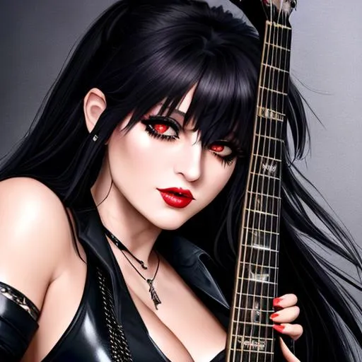 Prompt: high quality oil painting of Lydia Lunch, hyperdetailed attractive undead female, playing the electric guitar, she has long black hair, wears a long coat, black shirt, black pants, black belt and boots, hyper detailed hair, masterpiece, hyperdetailed full body, hyperdetailed feminine attractive face and nose, full body view, ((hyperdetailed muscle)), ((hyper-detailed eyes)), perfect body, perfect anatomy, ultra-realistic, 3d lighting, beauty, professional, perfect composition, unreal engine 8k octane, 3d lighting, UHD, HDR, 8K, render, HD, trending on artstation