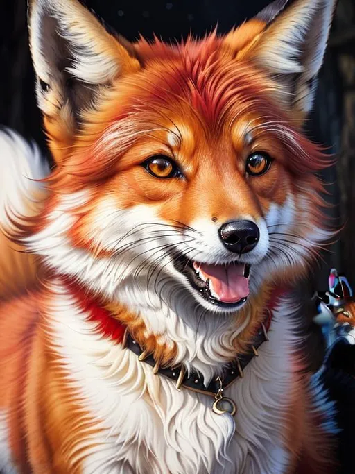 Prompt: remove tail, (8k, masterpiece, oil painting, professional, UHD character, UHD background) Portrait of Vixey, Fox and Hound, close up, mid close up, brilliant glistening red fur, brilliant amber eyes, big sharp 8k eyes, sweetly peacefully smiling, detailed smiling face, (extremely beautiful), (open mouth, uv face, uwu face),  alert, curious, surprised, cute fangs, extremely detailed eyes and face, enchanted snowy garden, vibrant flowers, vivid colors, lively colors, vibrant, high saturation colors, flower wreath, detailed smiling face, highly detailed fur, highly detailed eyes, highly detailed defined face, highly detailed defined furry legs, highly detailed background, full body focus, UHD, HDR, highly detailed, golden ratio, perfect composition, symmetric, 64k, Kentaro Miura, Yuino Chiri, intricate detail, intricately detailed face, intricate facial detail, highly detailed fur, intricately detailed mouth