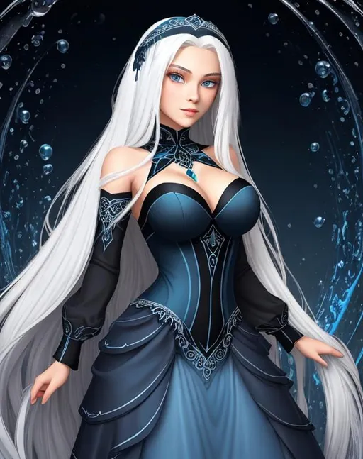 Prompt: A beautiful young 15 year old ((British)) Water elemental princess with light skin and a beautiful face. She has long white hair and white eyebrows. She wears a beautiful slim dark blue dress. She has brightly glowing dark blue eyes and water droplets shaped pupils. She wears a blue tiara. She has a blue aura around her. She is at prom in a large school gym with people around her. Beautiful scene art. Scenic view. Full body art. {{{{high quality art}}}} ((goddess)). Illustration. Concept art. Symmetrical face. Digital. Perfectly drawn. A cool background. Five fingers