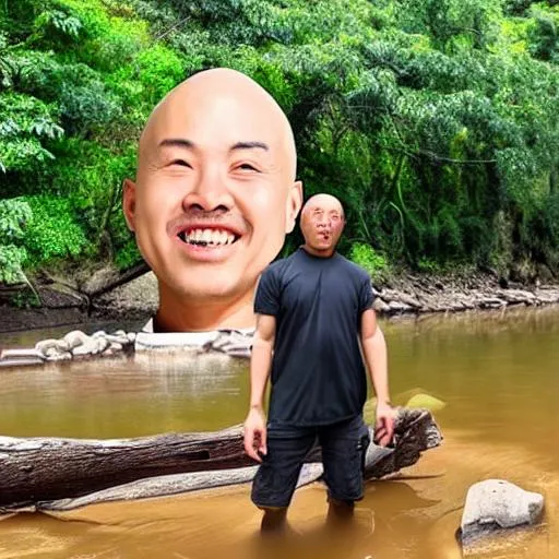 Prompt: a bald man with black tshirt, chinese face at the side of the river the river color is green and alot of trees after the river.