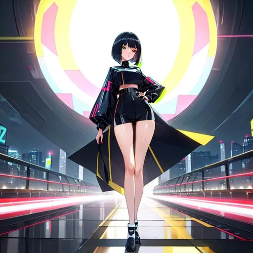 Prompt: a lonely AI girl, very tall, thick thighs, wide hips, long legs, slender arms, slender waist, big beautiful symmetrical eyes, intriguingly beautiful face, aloof expression, bob haircut with bangs, (wearing modern cozy Urban New York City clothes), 12K resolution, hyper quality, hyper-detailed, hyper-realistic, hyper-professional