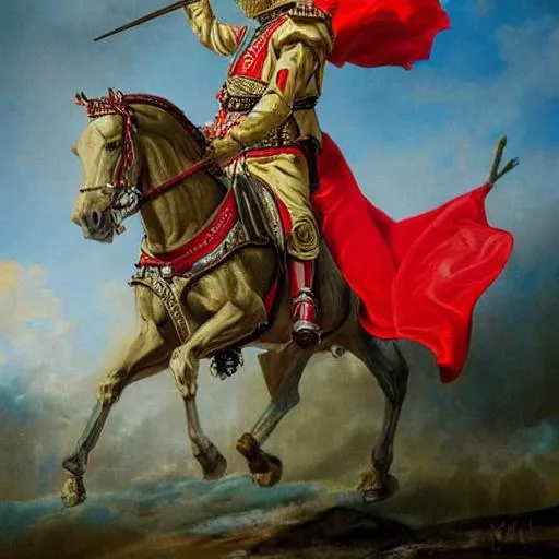 Prompt: WInged Hussar Holding Polish Flag
Polish King holding up Globe of the earth separate entity
very patriotic
separate entity in background
NeoClassic art style
Poster style
full body, distinct human
modern era
more detailed
distinct polish flag
in midst horse gallop

