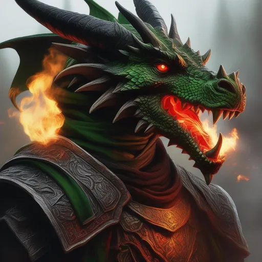 Prompt: A beautiful green and black Dragonborn, with a bright red scar on the right eye, casting a fire ball, perfect composition, hyperrealistic, super detailed, 8k, high quality, trending art, trending on artstation, sharp focus, studio photo, intricate details, highly detailed, by Greg Rutkowski, illustration, watercolor