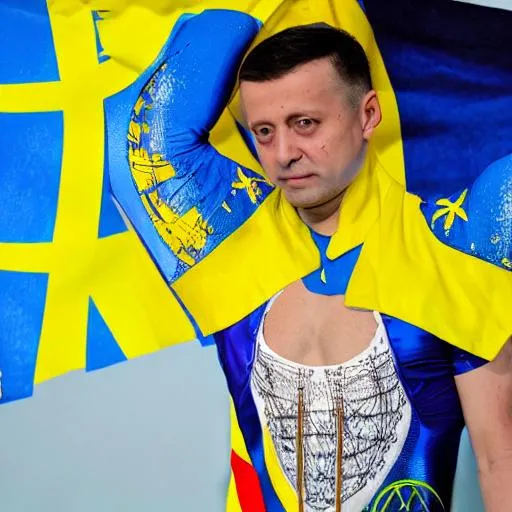 Prompt: Cyber Punk art Volodymyr Zelensky wearing a Ukraine flag leotard