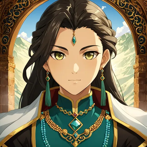 Prompt: Avatar the last airbender, ATLA, an exotic merchant adorned with beads and jewels. olive eyes, portrait, detailed, arabic, cape. light brown hair