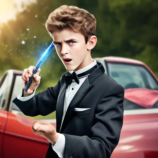 Prompt: Attractive 16 year old boy in a tuxedo driving a car angry and waving his magic wand at a bad driver. He is getting ready point his wand and cast a spell on the driver. Sparkling magic is starting to form on the tip of his magic wand.