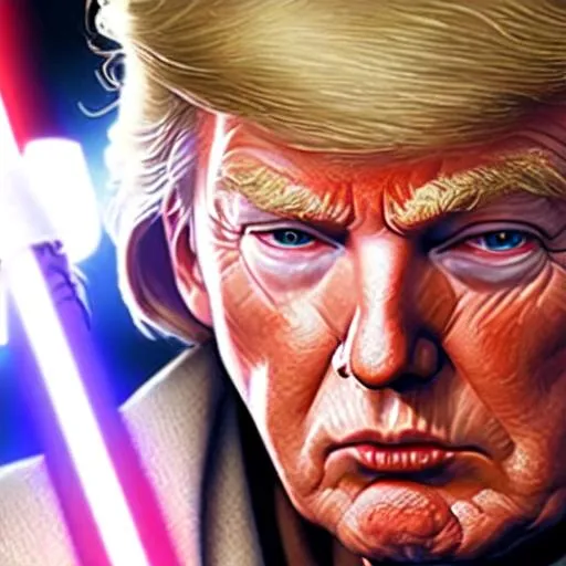 Prompt: zoomed in image of Donald Trump's face as a Jedi. He has a lightsaber and USA robes.