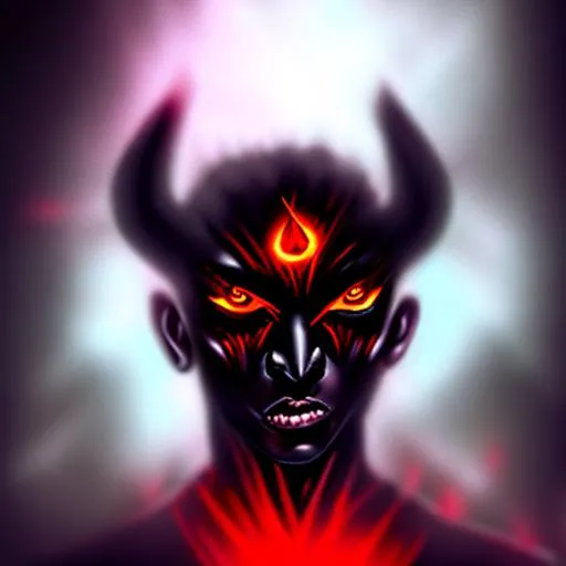 Prompt: Evil demon, red glowing eyes, dark black skin, evil glare, dark clothes, realistic, mad face, dark forest background, evil