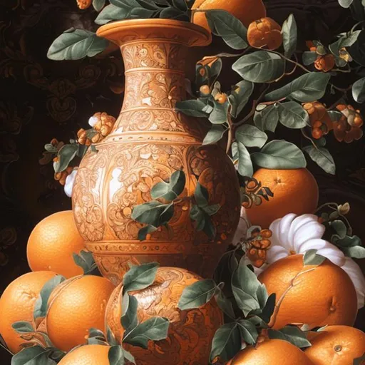 Prompt: A close up to oranges in a baroque background