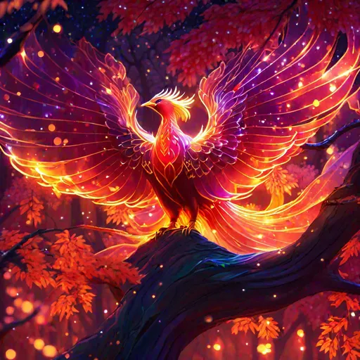 Prompt: An elegant translucent phoenix that is glowing sitting in a tree, in a cherry forest, beneath the stars, highres, best quality, concept art