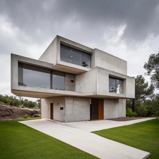 Prompt: Minimalistic concrete villa with big window and structured walls with beige and wooden elements.
