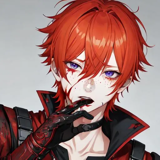 Prompt: Erikku male adult (short ginger hair, freckles, right eye blue left eye purple)  UHD, 8K, insane detail anime style, covered in blood, psychotic, covering his face with his hands, face covered in blood and cuts, blood highly detailed, looking to the side