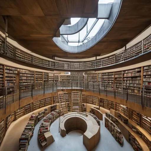 Prompt: a large multi story library filled with books and with brutalist architecture and lots of skylights and foot paths  and a large spiral staircase in the center of the room