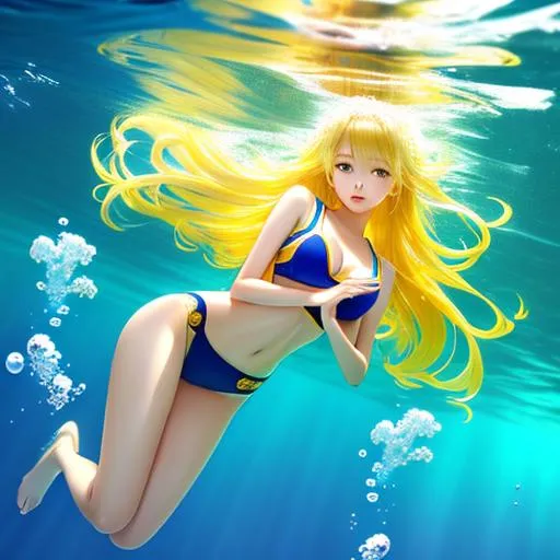 Prompt: Landscape Beautiful young korean woman underwater , manhwa face, beautiful body, intricate, intricate yellow hair, open clothes, with school uniform, firm, student, japan,perfect body, cute, wet, milky, hyperrealism,beautiful photography , highly detailed, digital art by sakimichan and kidmo, hd, 4k,8k