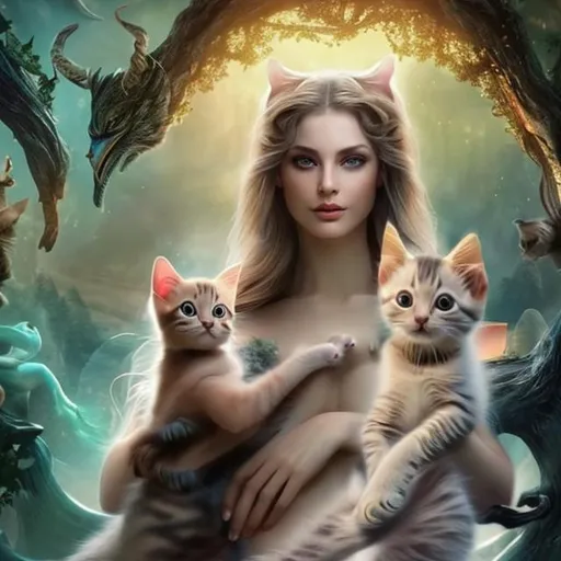 Prompt: 
insanely beautiful lady with kitten in beautiful mythical place