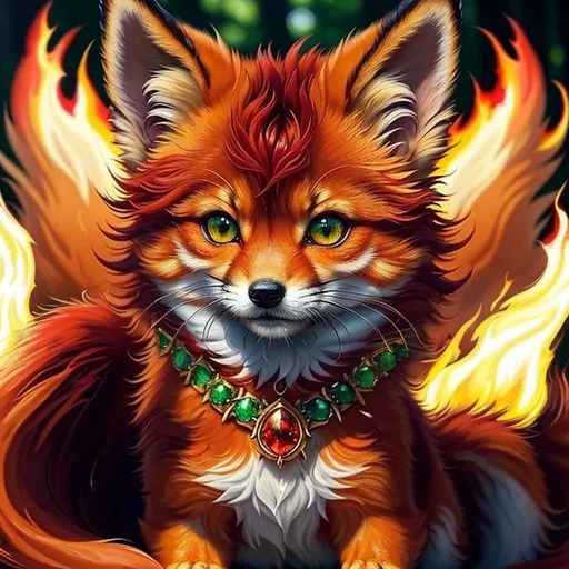 Prompt: add fire, (masterpiece, professional oil painting, epic digital art, best quality:1.5), insanely beautiful tiny scarlet ((fox kit)), (canine quadruped), fire elemental, silky golden-red fur, highly detailed fur, timid, ((insanely detailed alert emerald green eyes, sharp focus eyes)), gorgeous 8k eyes, fluffy glistening gold neck ruff, energetic, two tails, (plump), fluffy chest, enchanted, magical, finely detailed fur, hyper detailed fur, (soft silky insanely detailed fur), presenting magical jewel, beaming sunlight, lying in flowery meadow, professional, symmetric, golden ratio, unreal engine, depth, volumetric lighting, rich oil medium, (brilliant dawn), full body focus, beautifully detailed background, cinematic, 64K, UHD, intricate detail, high quality, high detail, masterpiece, intricate facial detail, high quality, detailed face, intricate quality, intricate eye detail, highly detailed, high resolution scan, intricate detailed, highly detailed face, very detailed, high resolution